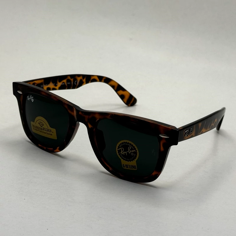 عینک آفتابی ریبن ویفرری پلنگی عدسی مشکی REYBAN WAYFARER سایز 50 با پک کامل