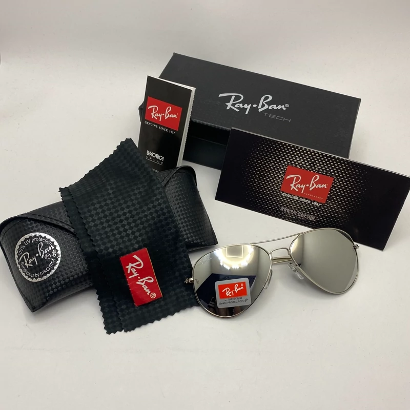 عینک ریبن خلبانی آینه ای شیشه سنگ با پک کامل اورجینال rayban aviator RB 3026