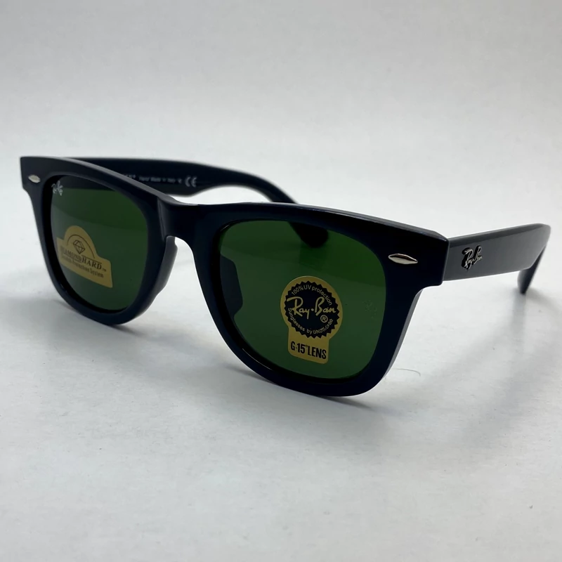 عینک آفتابی ویفرر ریبن rayban WAYFARER شیشه سنگ سبز فریم براق سایز 50 به همراه پک کامل اورجینال rb2140
